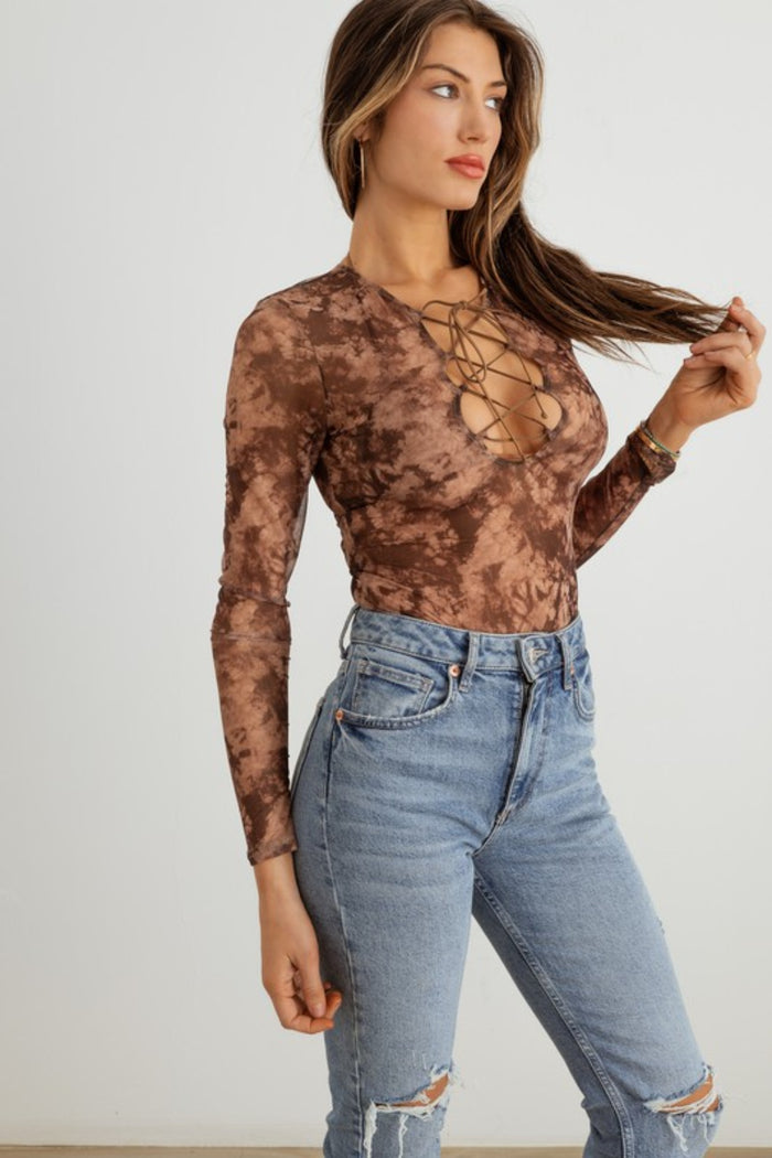Abstract Mesh Lace-Up Long Sleeve Bodysuit