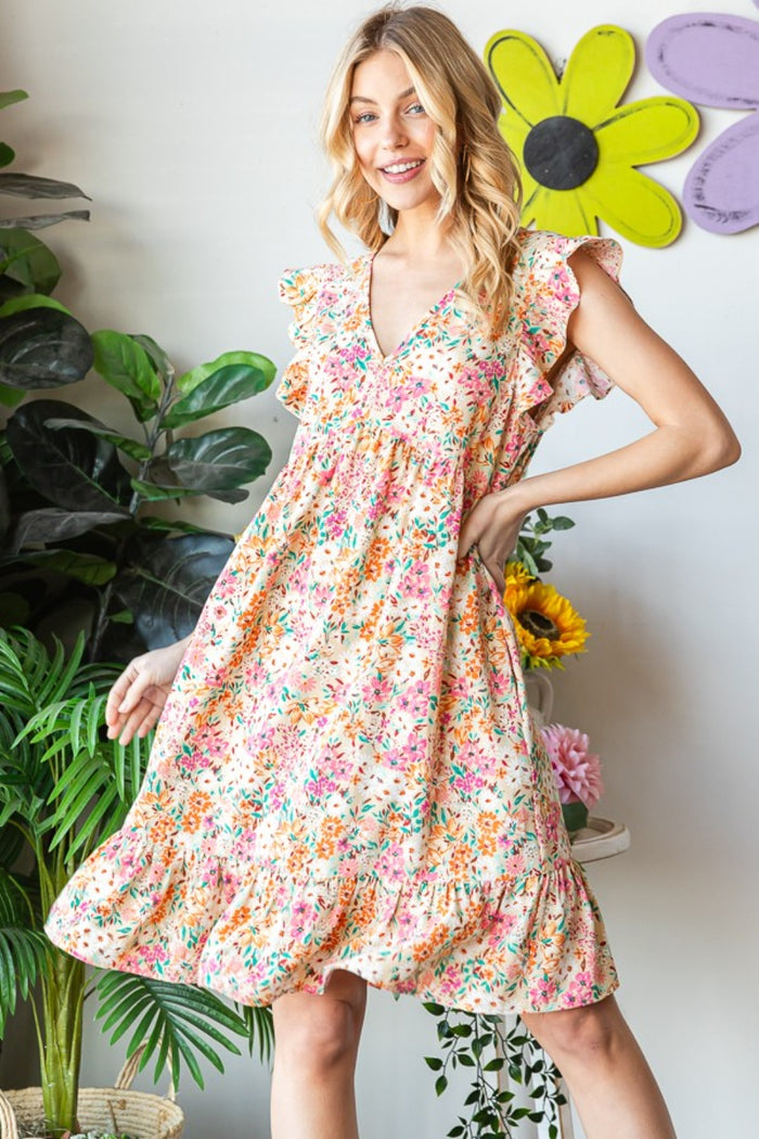 [Heimish] Full Size Floral Ruffled V-Neck Dress