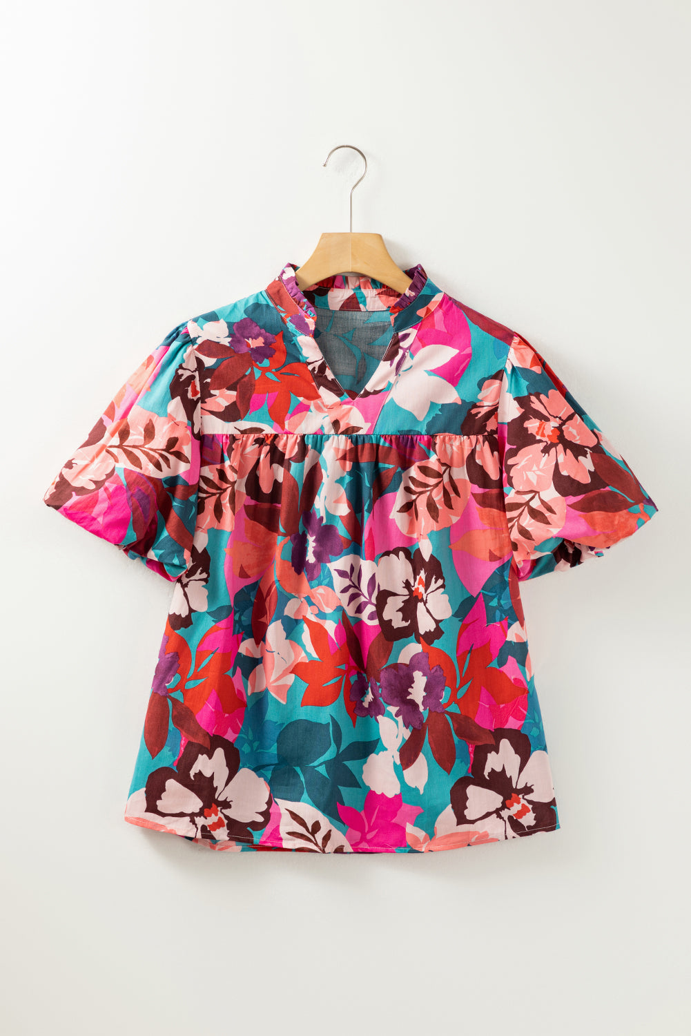 [SYNZ] Printed Notched Puff Sleeve Blouse