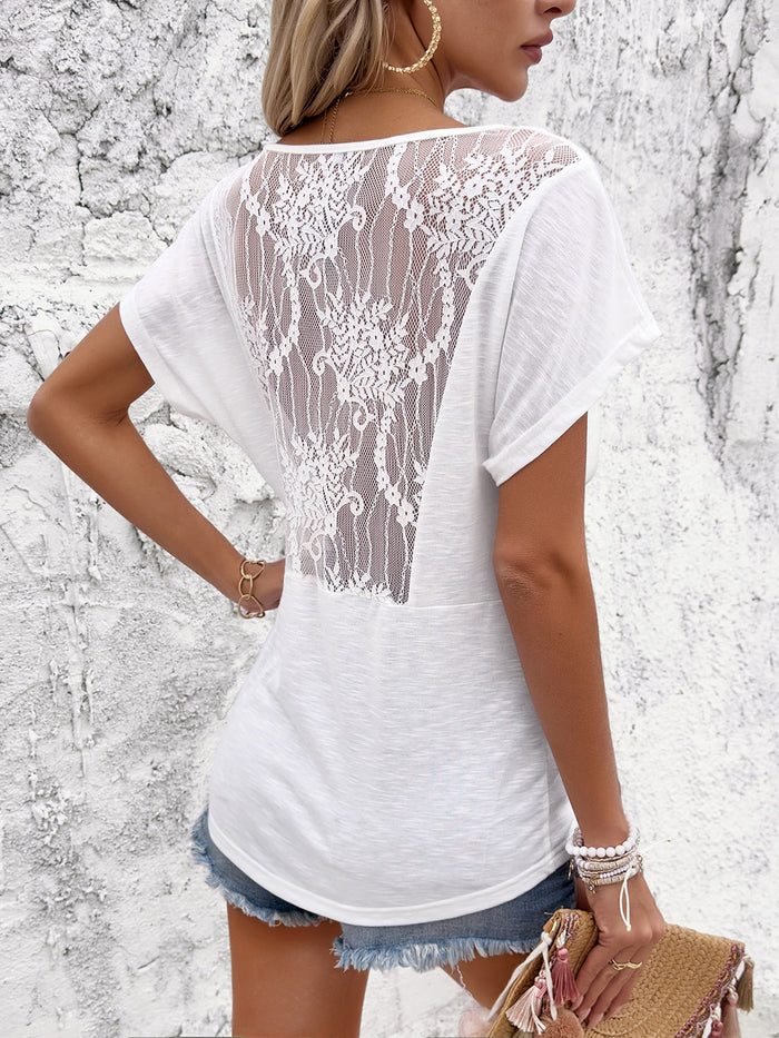 [DY] Ruched Plunge Short Sleeve Lace Blouse