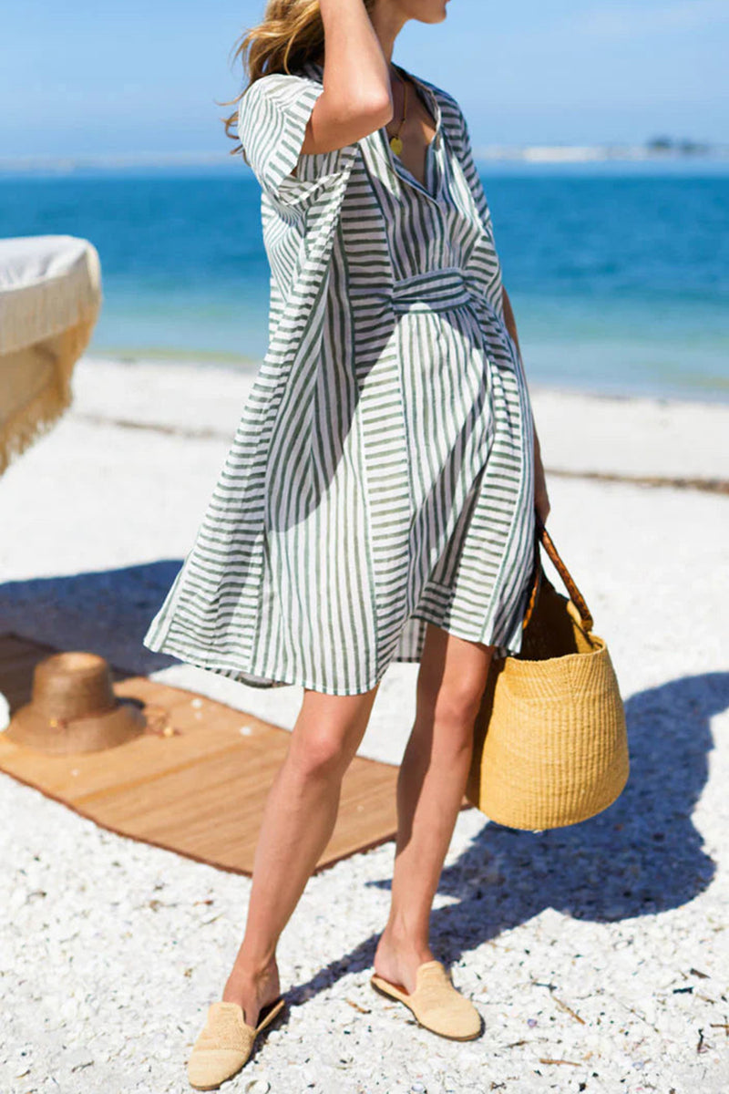 [Y@M] Striped Notched Short Sleeve Mini Dress