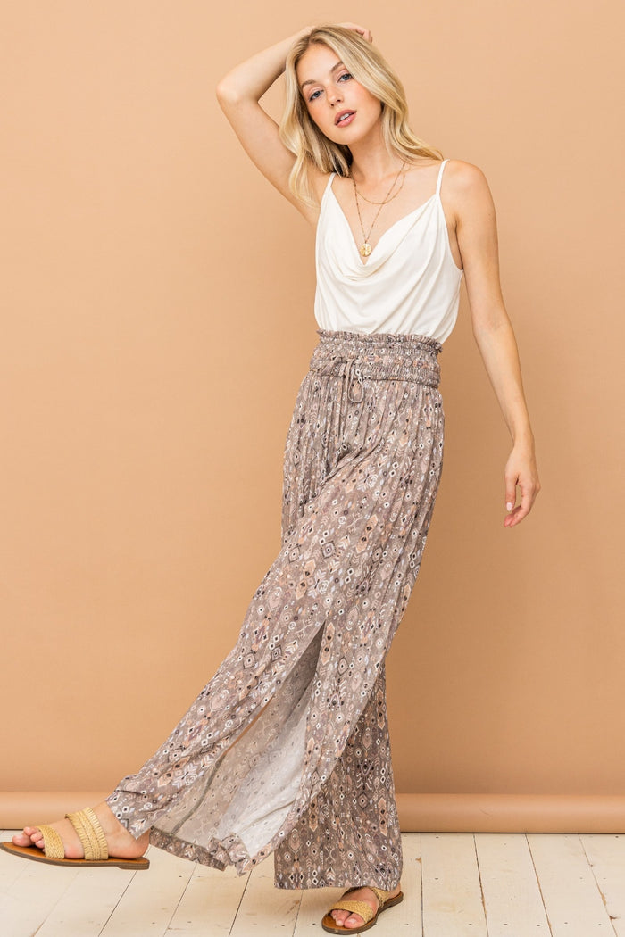 [And The Why] Printed Smocked Waist Slit Wide Leg Pants