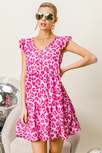 [BiBi] Leopard Cap Sleeve Tiered Mini Dress