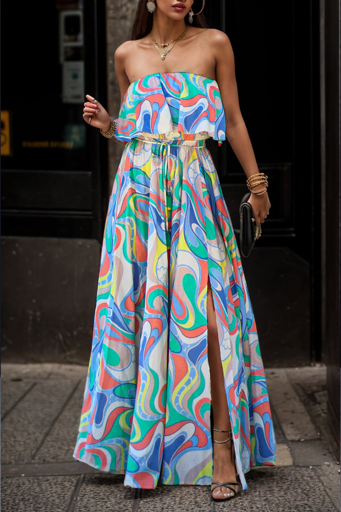 [Y@M] Slit Printed Tube Maxi Dress