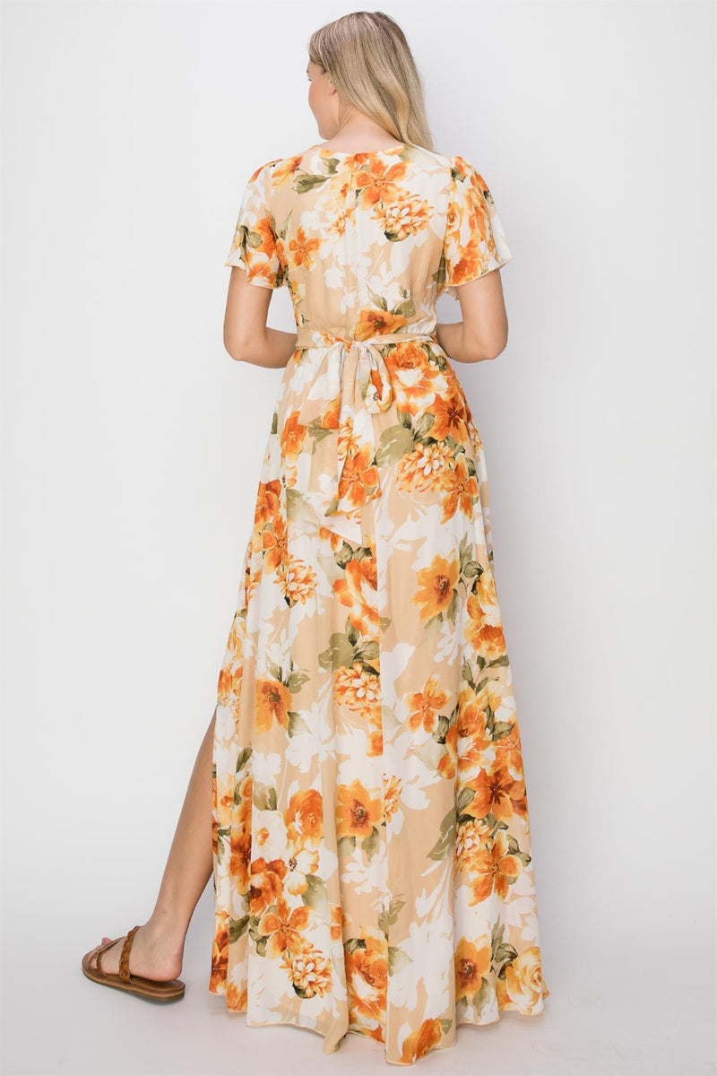 [HYFVE] Floral Tie Back Short Sleeve Slit Maxi Dress