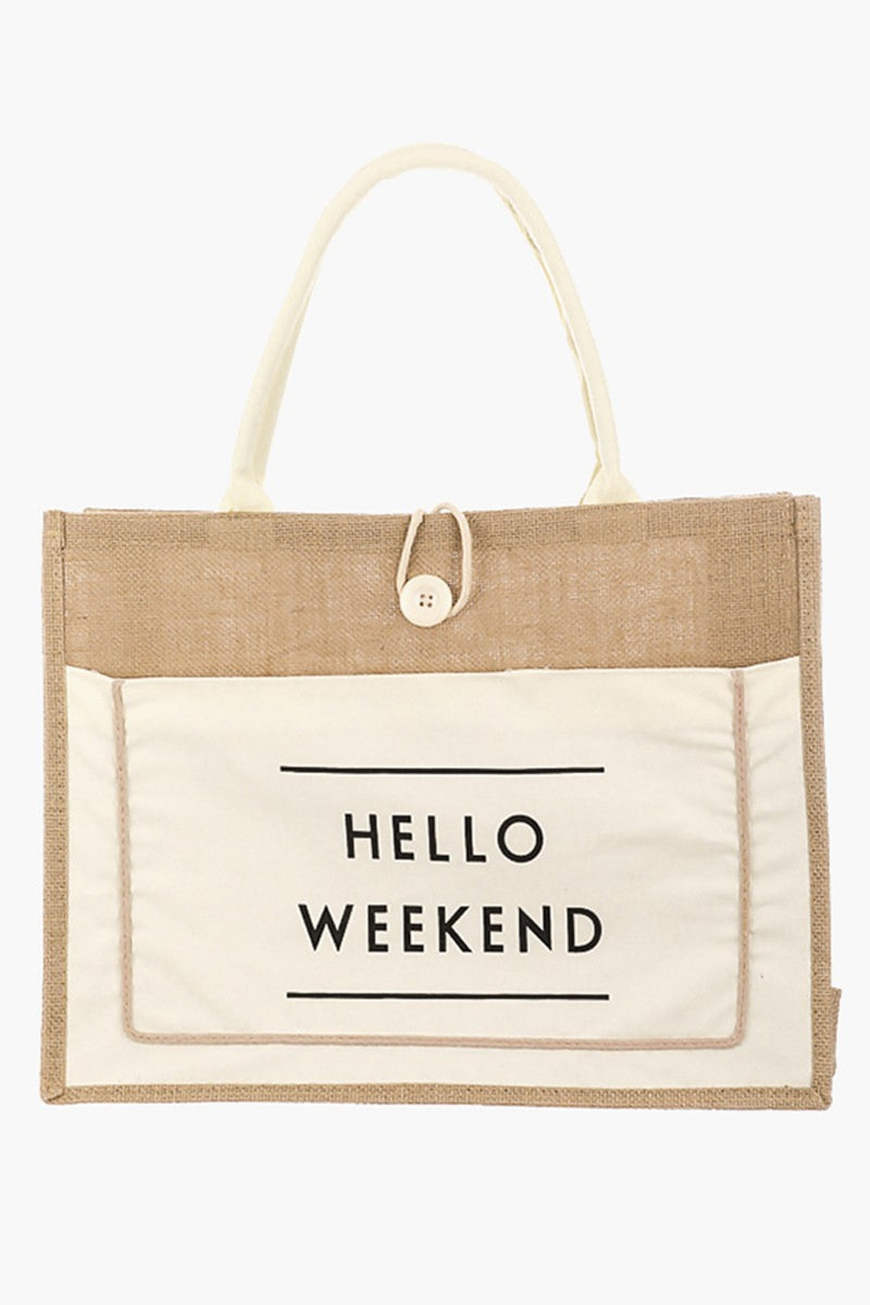 [Fame Accessories] Fame Hello Weekend Burlap Tote Bag