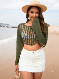 [M&Y] Openwork Boat Neck Long Sleeve Cover-Up