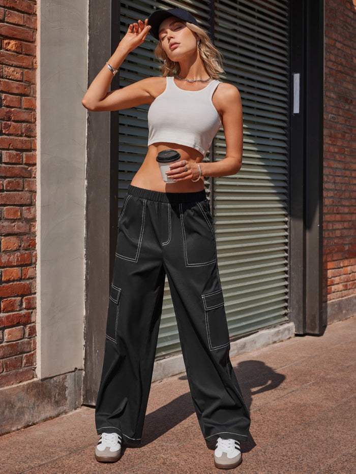[B@H@S@D] Contrast Stitching Pocketed Wide Leg Pants