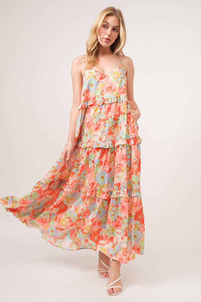 [And The Why] Floral Ruffled Tiered Maxi Cami Dress