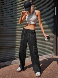 [B@H@S@D] Contrast Stitching Pocketed Wide Leg Pants