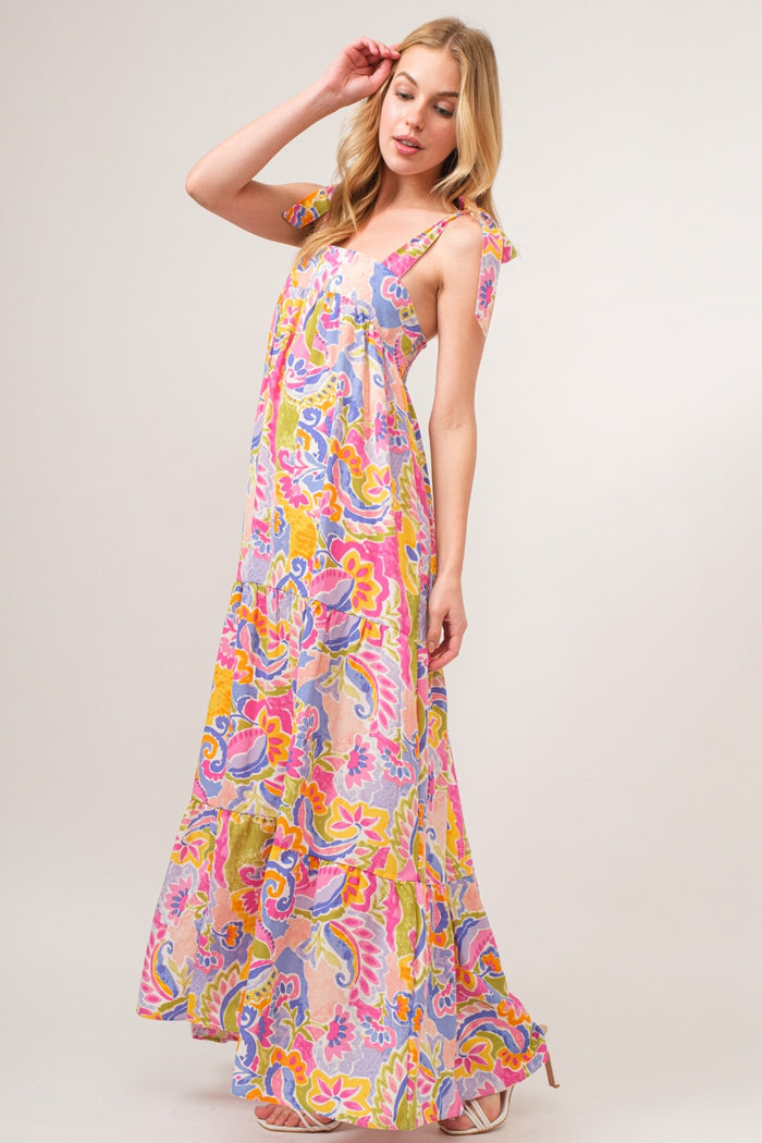 [And The Why] Printed Tie Shoulder Tiered Maxi Dress