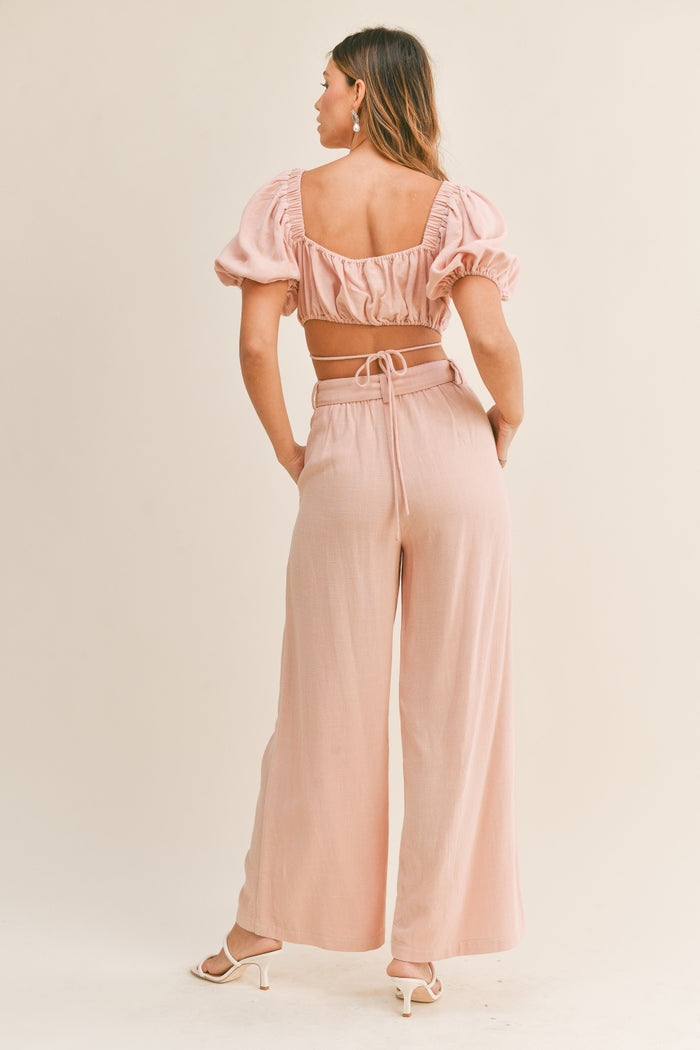 Cut Out Drawstring Crop Top and Belted Pants Set
