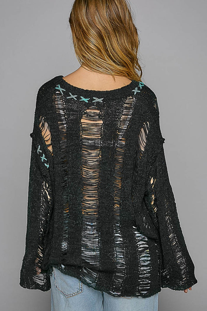 Distressed Dropped Shoulder Long Sleeve Knit Top