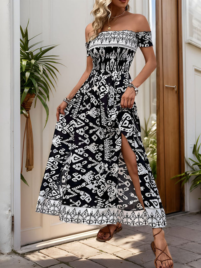 Slit Printed Off-Shoulder Dress